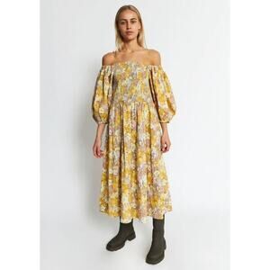 Stella Nova Yellow Flower Field Penny Cotton Puff Sleeve Smocked Dress